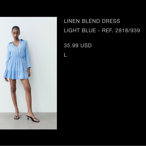 Zara, linen blend dress, light blue, size L - Picture 1 of 4